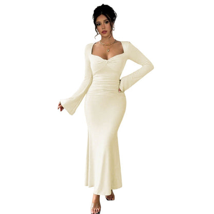 Damen Maxikleid Langärmlig V-Ausschnitt Raffung Eveloria