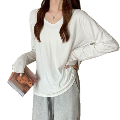 Damen Langarmshirt V-Ausschnitt Baumwolle Komfortschnitt