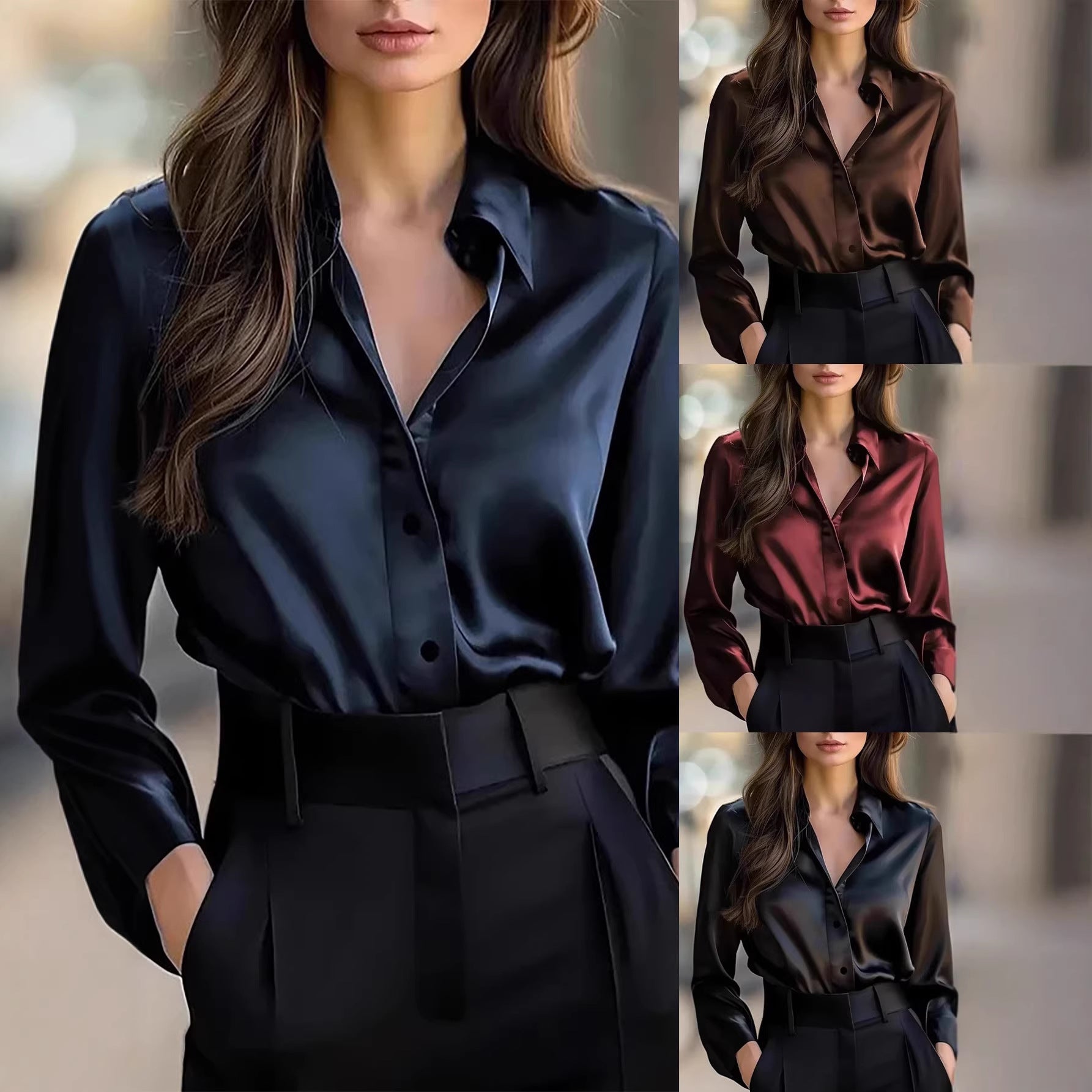 Damen Satinbluse Klassischer Schnitt Dezent Glanz Schwarz - Eveloria