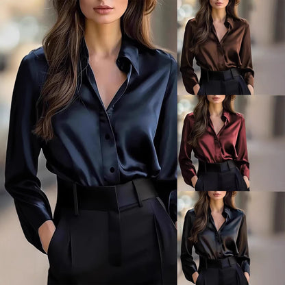Damen Satinbluse Klassischer Schnitt Dezent Glanz Schwarz - Eveloria