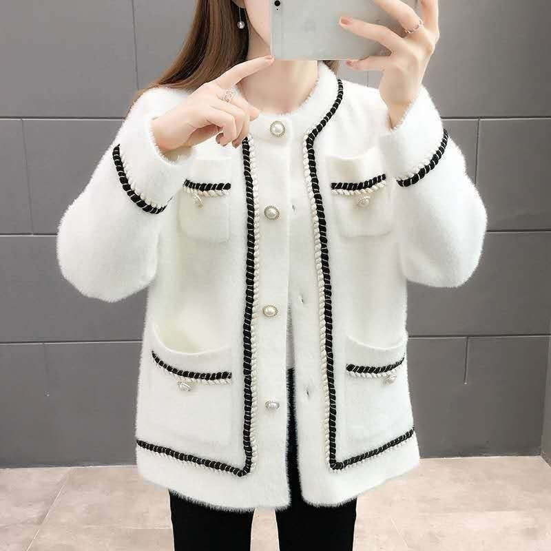 Damen Strickjacke Baumwollmix Glänzende Perlenknöpfe