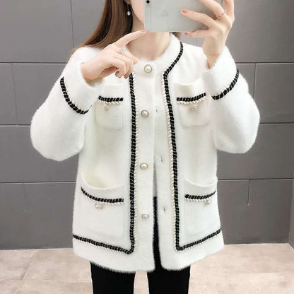 Damen Strickjacke Baumwollmix Glänzende Perlenknöpfe