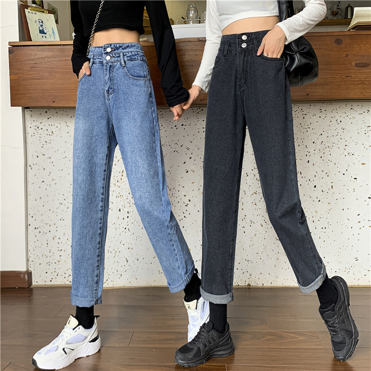 Damen Mom-Jeans Hochtaillierte Abnehmbare Säume Blau Eveloria - Eveloria