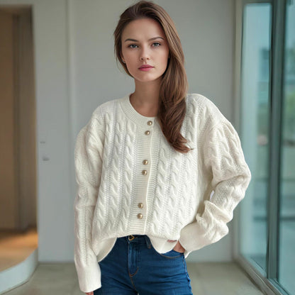 Damen Strickjacke Zopfmuster Perlenknöpfe Eveloria - Eveloria
