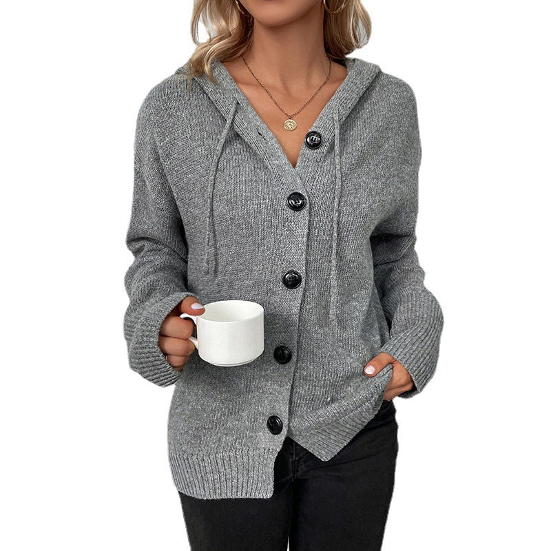Damen Strickjacke Kapuze Grobstrick Grau