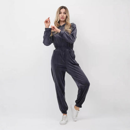 Damen Velours-Jumpsuit Kapuze Elastisch Eveloria