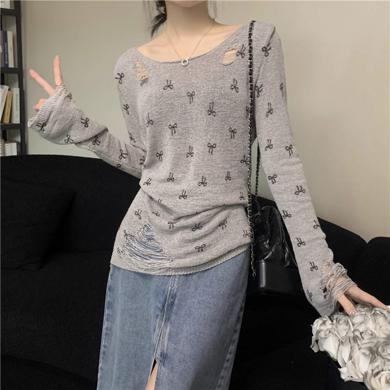 Damen Langarmshirt Risse Verspielt Motiv Eveloria