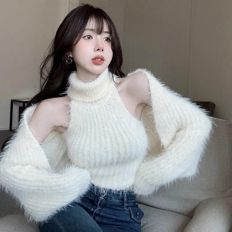 Damen Rollkragenpullover Puffärmel Eveloria