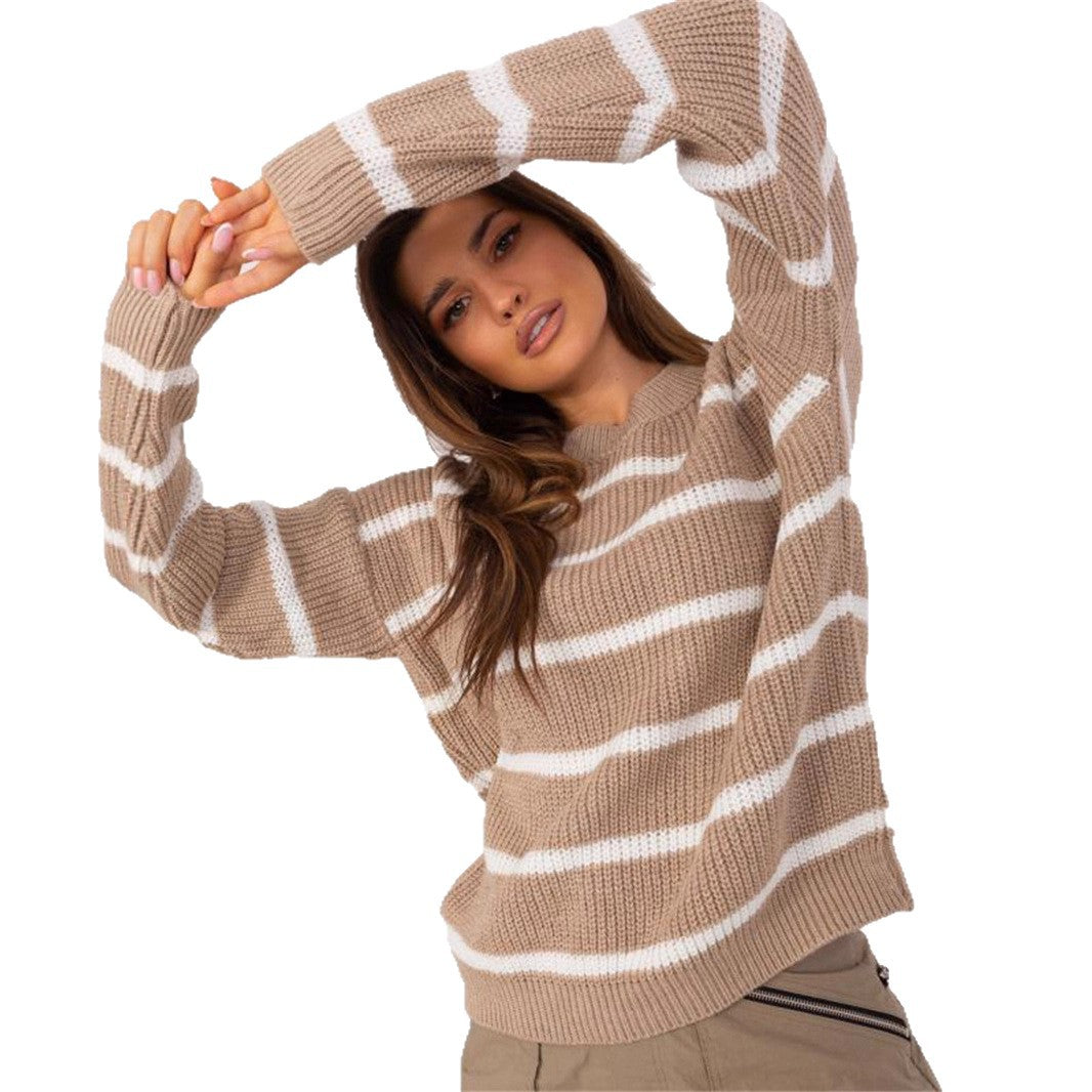 Damen Grobstrickpullover Lässiges Streifenmuster Rundhalsausschnitt