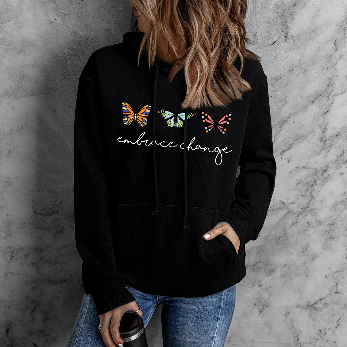 Damen Kapuzenpullover Schmetterlingsmotiv Grau - Eveloria