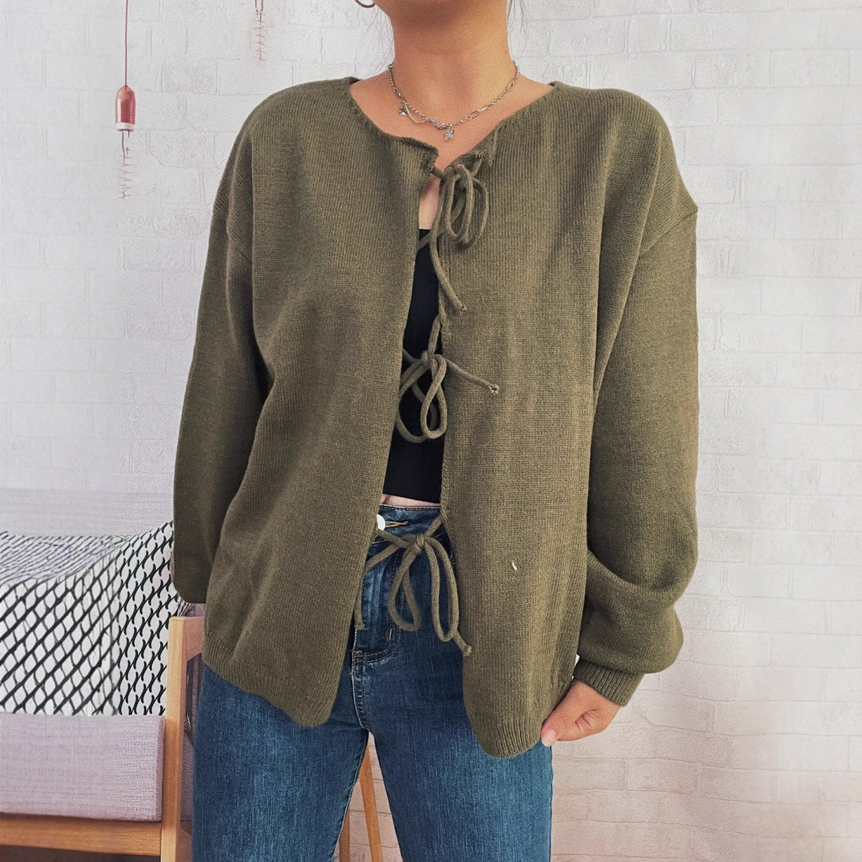 Damen Strickcardigan Lässig Kordelzug Offene Vorderseite Beige