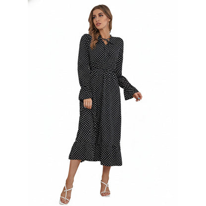 Damen Maxikleid mit Punkten Taillierbarer Gürtel Eveloria