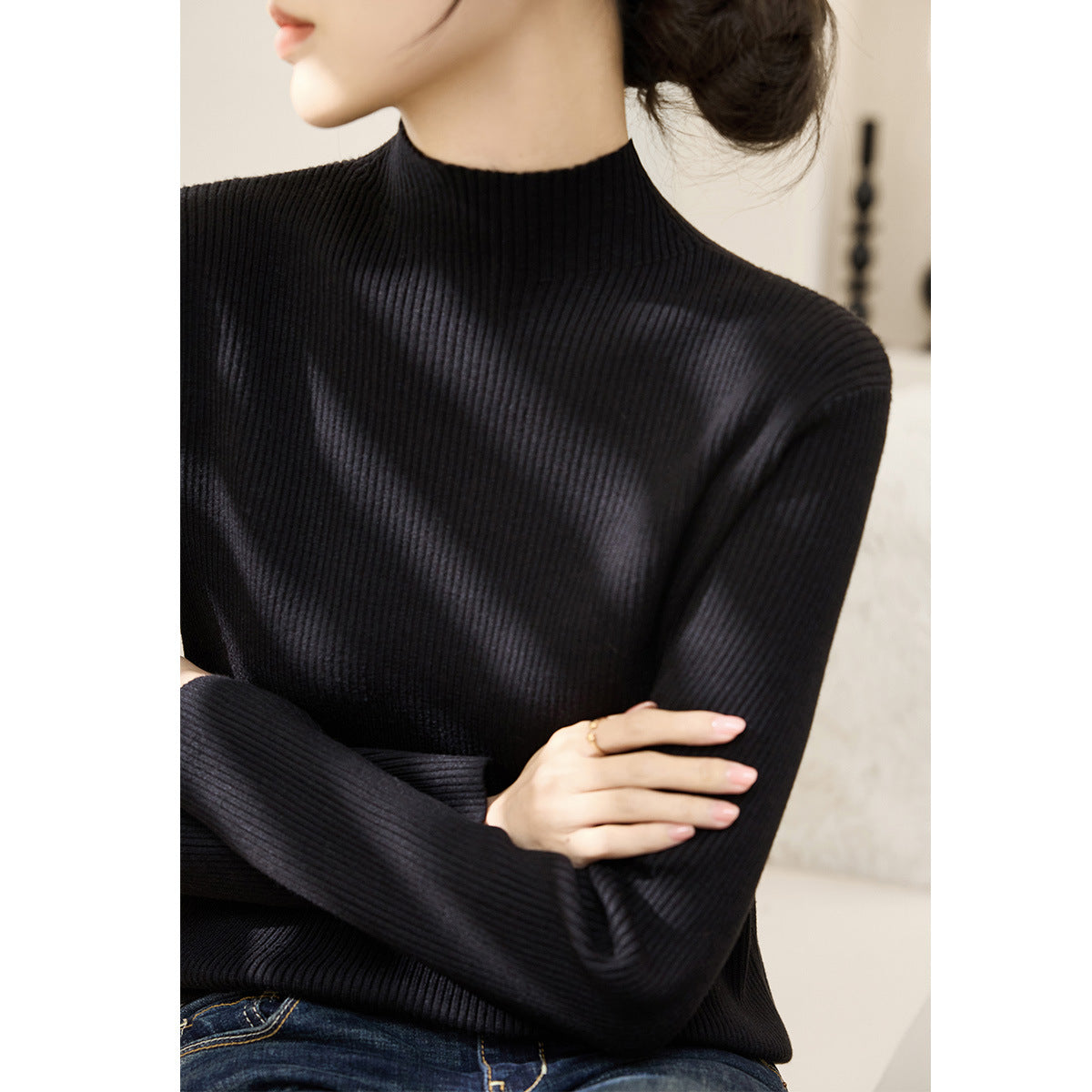 Damen Rollkragenpullover Strukturiertes Rippdesign Kontrastärmel Grau