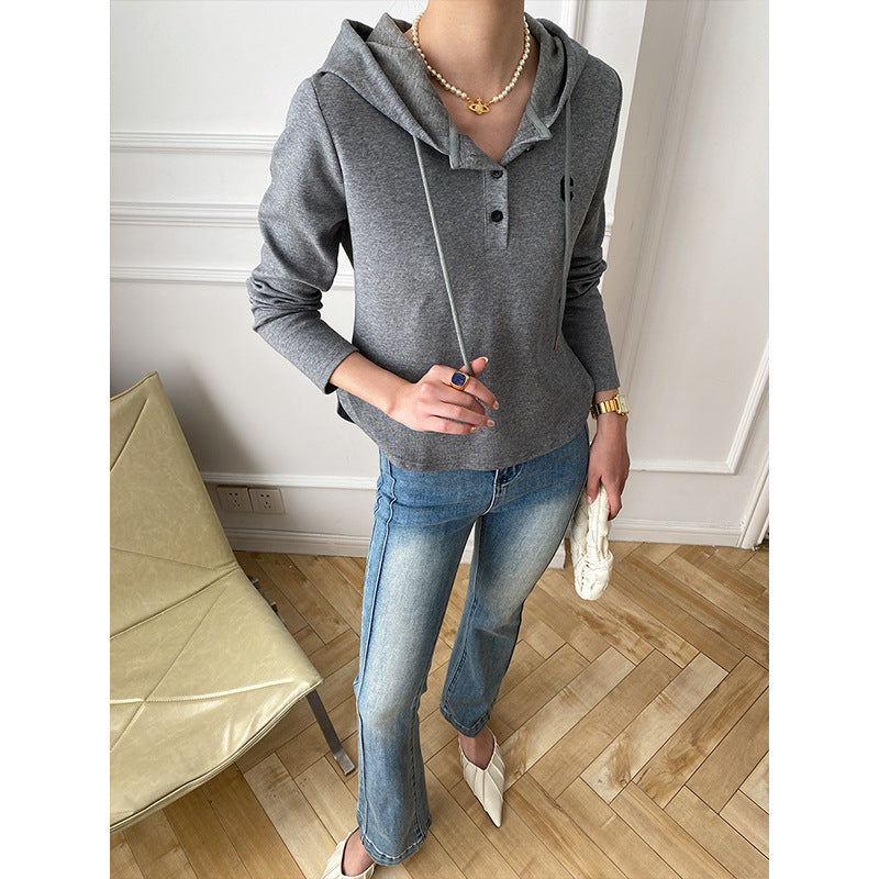 Damen Hoodie Lässiger Schnitt Knopfleiste Grau Eveloria