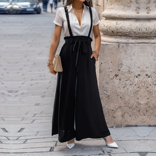 Damen Jumpsuit mit Verstellbaren Trägern und Taillenband Schwarz - Eveloria