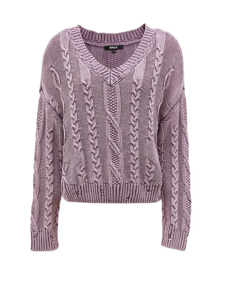 Damen Grobstrickpullover V-Ausschnitt Zopfmuster Eveloria