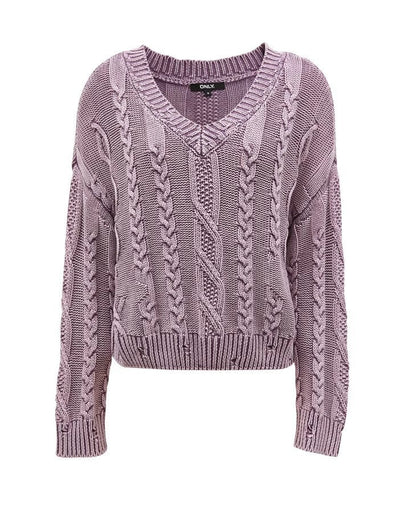 Damen Grobstrickpullover V-Ausschnitt Zopfmuster Eveloria