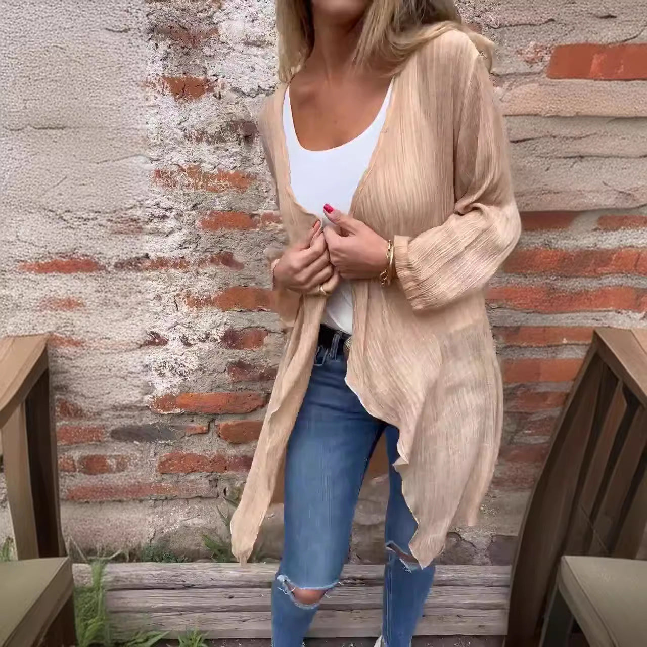 Damen Longcardigan Fließend Raffungen Beige Eveloria