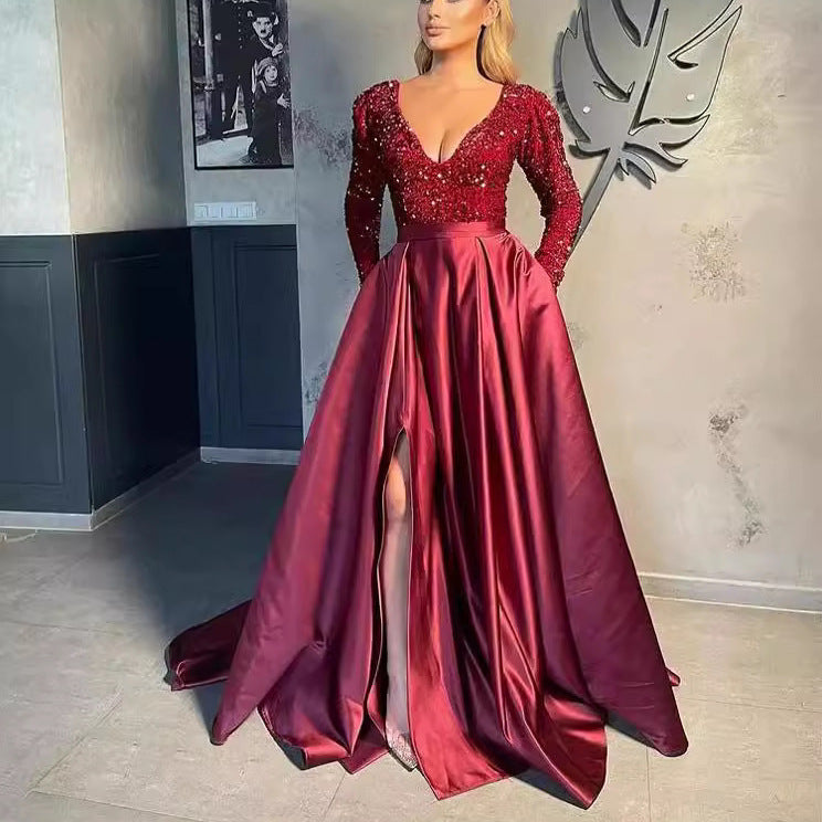 Damen Abendkleid mit Pailletten und hohem Schlitz Schwarz - Eveloria