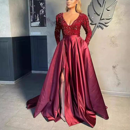 Damen Abendkleid mit Pailletten und hohem Schlitz Schwarz - Eveloria
