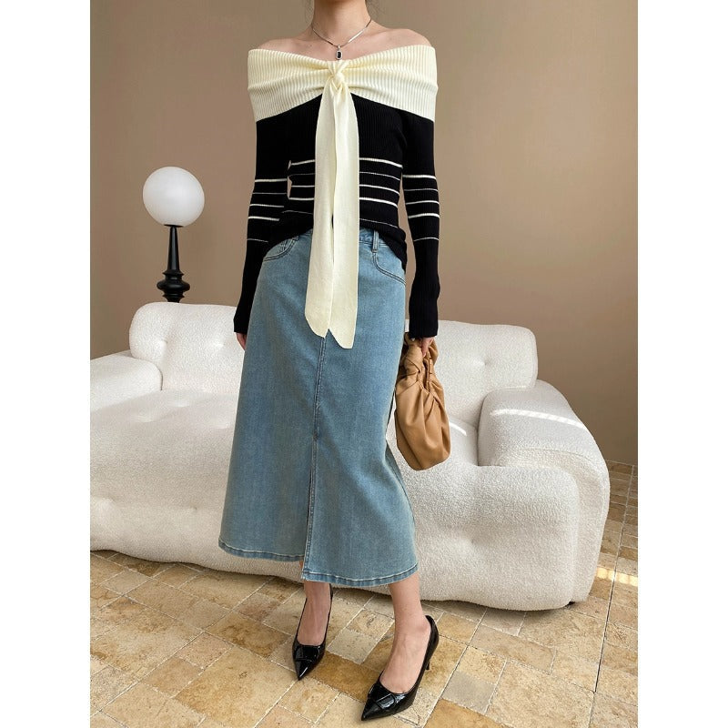 Damen Oberteil Off-Shoulder Design Bindegürtel Elegant