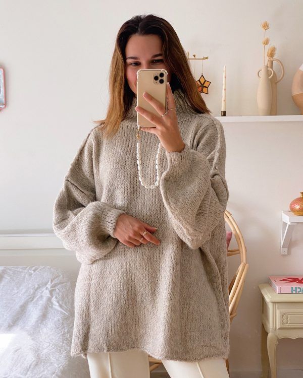 Damen Oversized Strickpullover Hoher Kragen Ballonärmel Eveloria