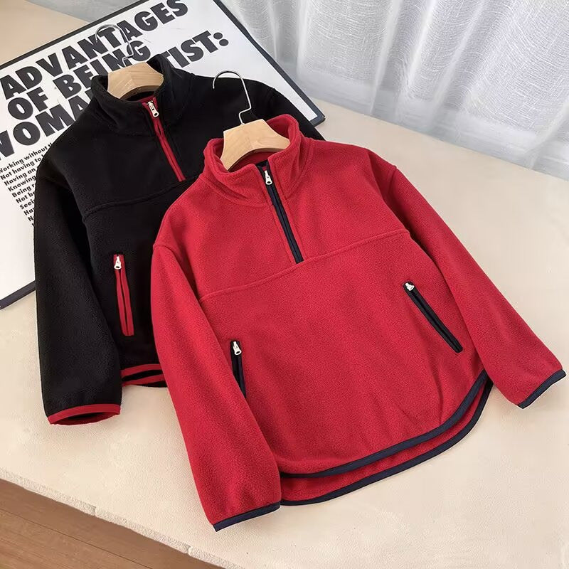 Damen Fleece-Pullover Hochkragen Reißverschlusstaschen Grau