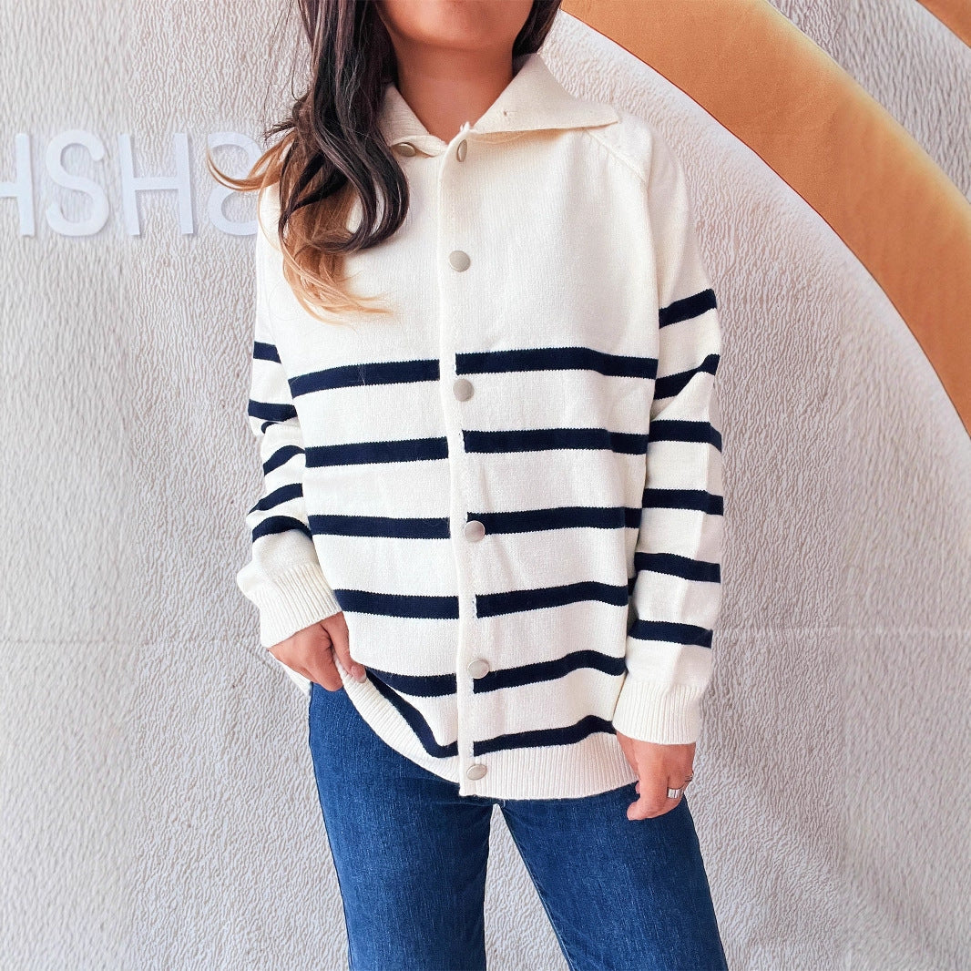 Damen Strickcardigan Gestreift Kapuze Knöpfe - Eveloria