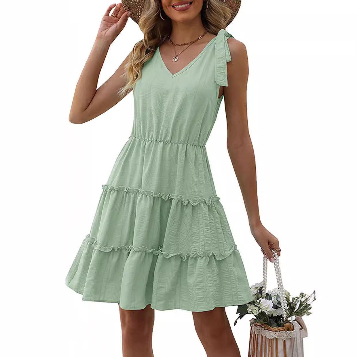 Damen Ärmelloses Sommerkleid Rüschen V-Ausschnitt Eveloria