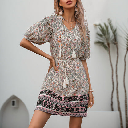 Damen Sommerkleid Rüschendetails Verstellbarer Taillenzug Eveloria