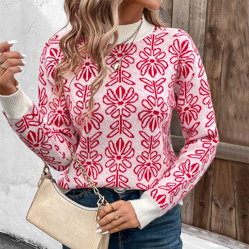 Damen Strickpullover Floralmuster Stehkragen