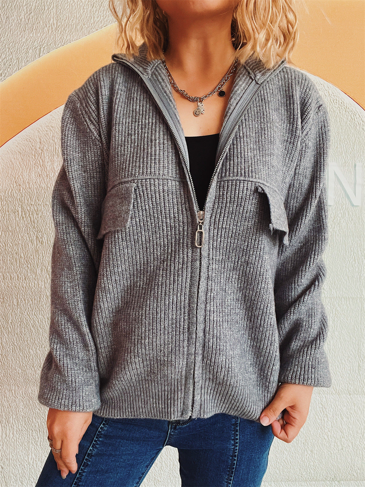 Damen Strickjacke Hochkragen Mit Taschen Anthrazit
