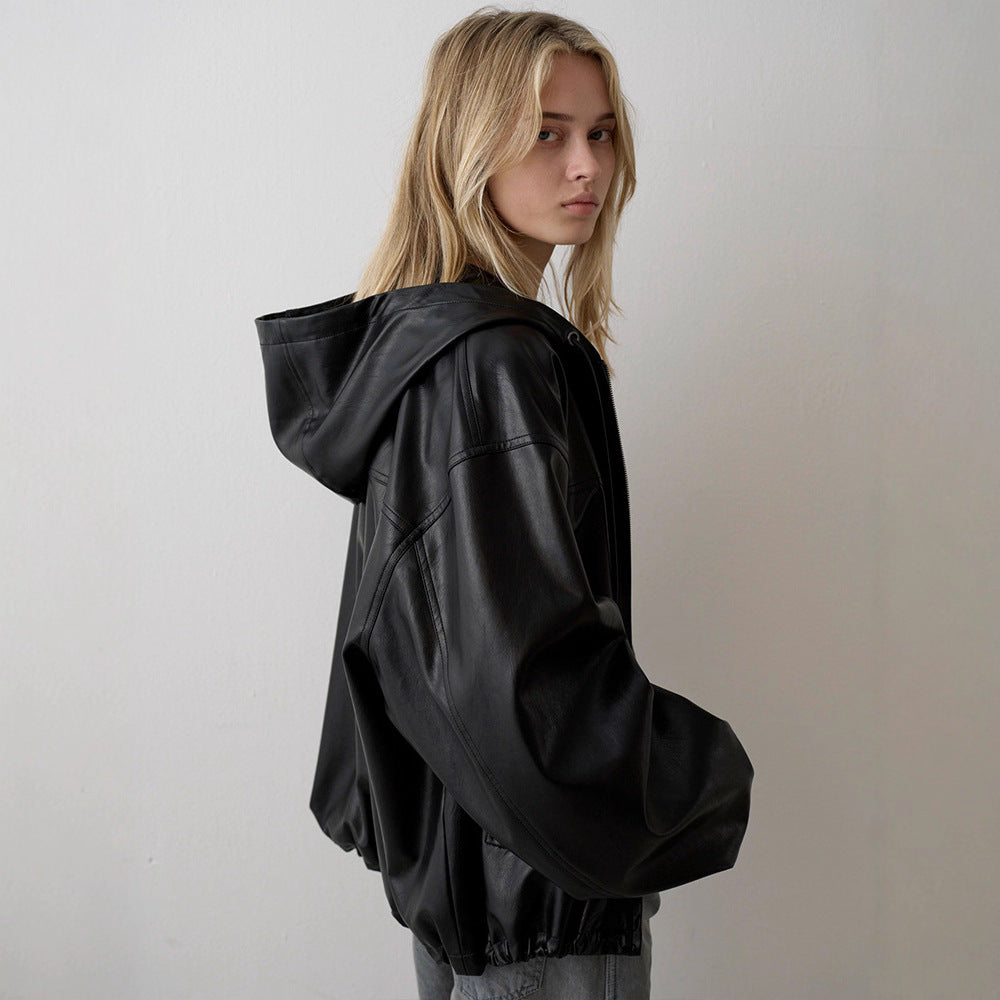 Damen Kunstlederjacke mit Kapuze Eveloria