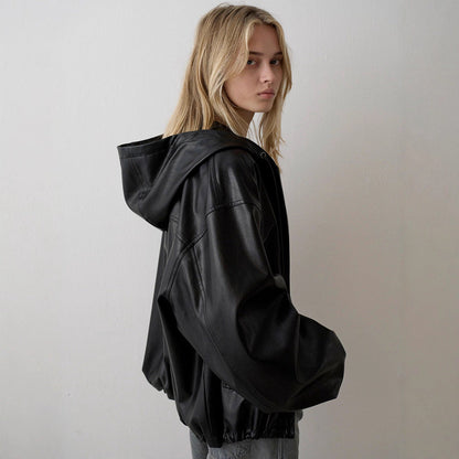 Damen Kunstlederjacke mit Kapuze Eveloria