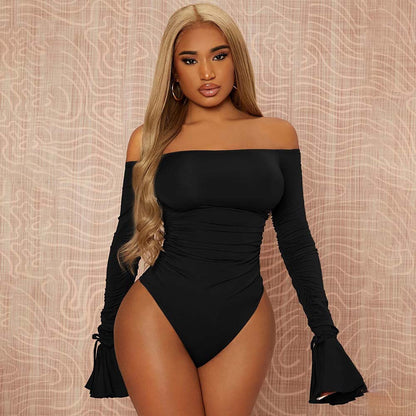 Damen Off-Shoulder Bodysuit Rüschendetails Lange Ärmel Eveloria - Eveloria