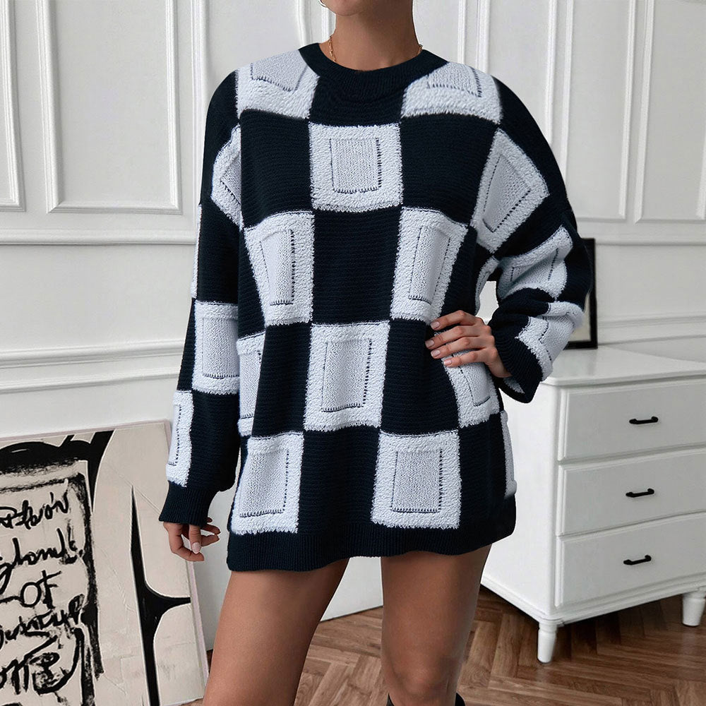 Damen Oversized Pullover Geometrisches Muster Elastisch Grau - Eveloria