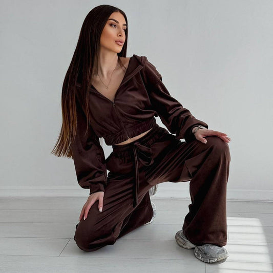 Damen Velours Freizeitanzug Cropped Oberteil Weites Bein - Eveloria