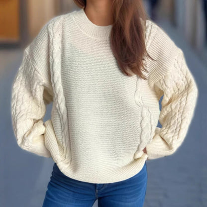 Damen Grobstrickpullover Zopf-Design Voluminöse Ärmel Eveloria