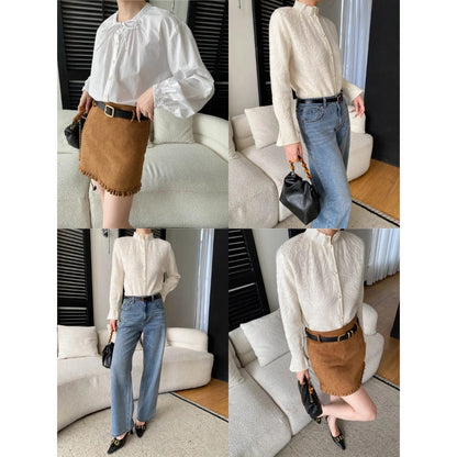 Damen Bluse mit Stickereien Feine Struktur Weiß