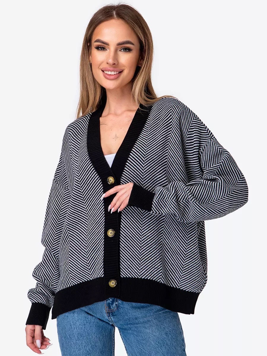 Damen Strickcardigan Chevron Muster Elegante Knöpfe
