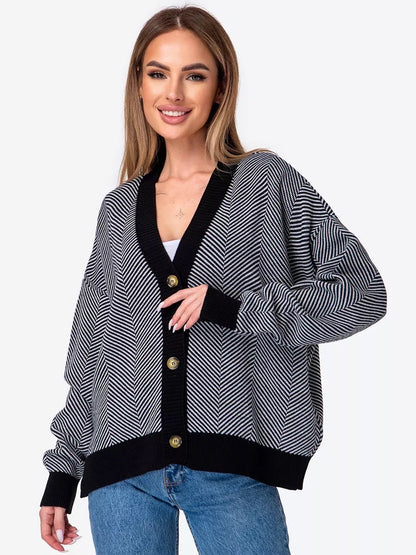 Damen Strickcardigan Chevron Muster Elegante Knöpfe