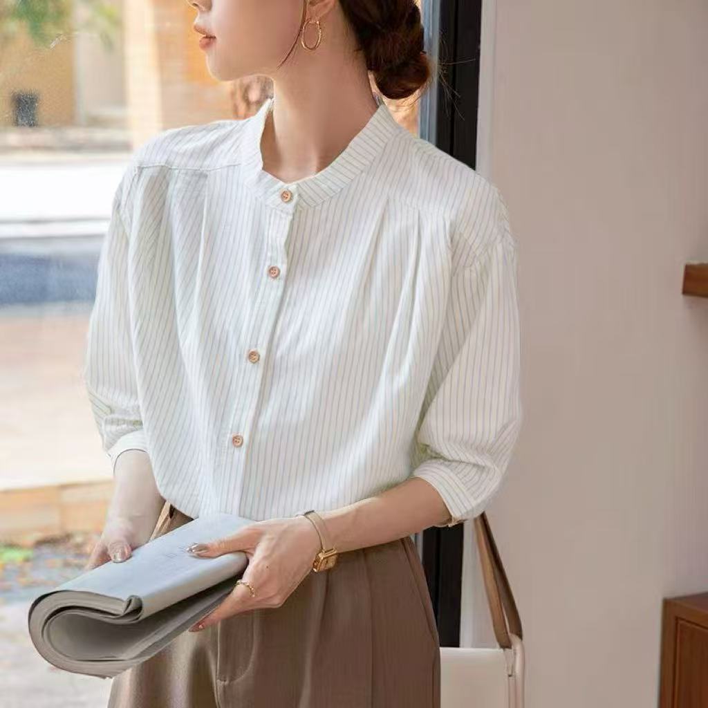 Damen Bluse Gestreift Stehkragen Elegante Weiß