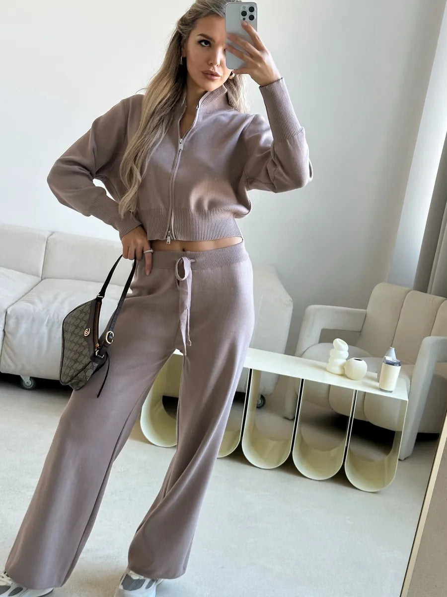 Damen Strick-Lounge-Set Cropped Oberteil Weite Hose Beige