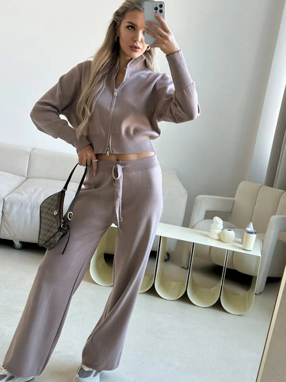 Damen Strick-Lounge-Set Cropped Oberteil Weite Hose Beige