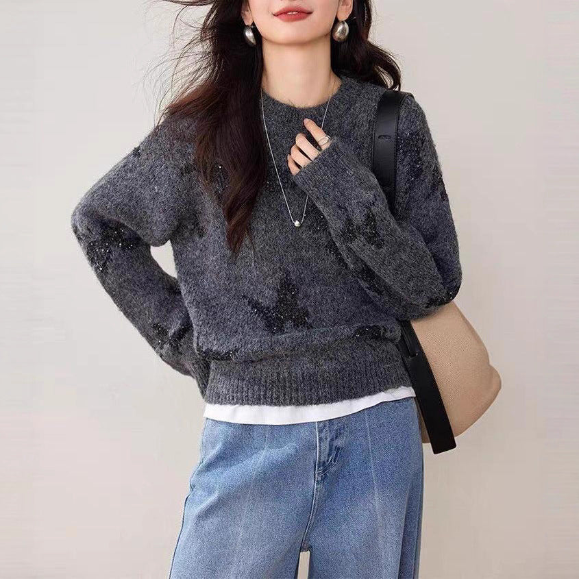 Damen Strickpullover mit Schmetterlingsapplikationen Glitzernd