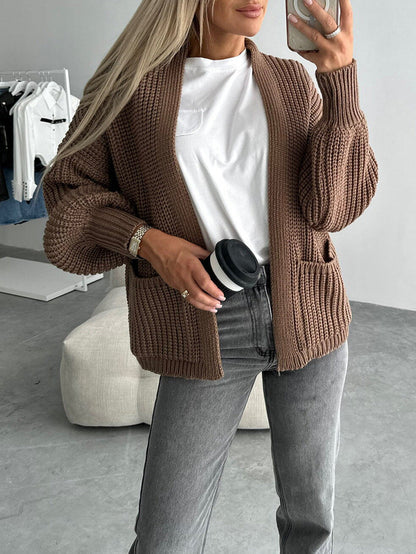 Damen Strickjacke Voluminöse Ärmel Taschen Eveloria