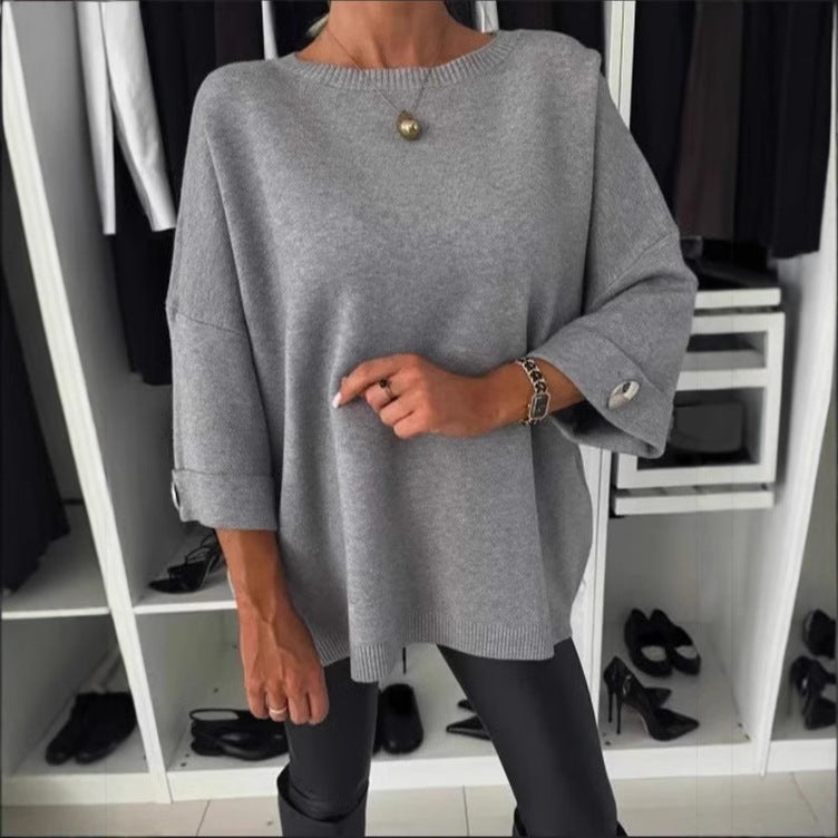 Damen Strickpullover Lässig Knopfdetails Beige - Eveloria