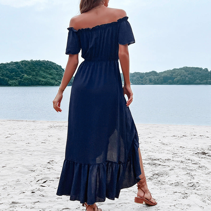 Damen Maxikleid Schulterfrei Knöpfbarem Vorderteil Eveloria
