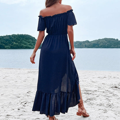 Damen Maxikleid Schulterfrei Knöpfbarem Vorderteil Eveloria