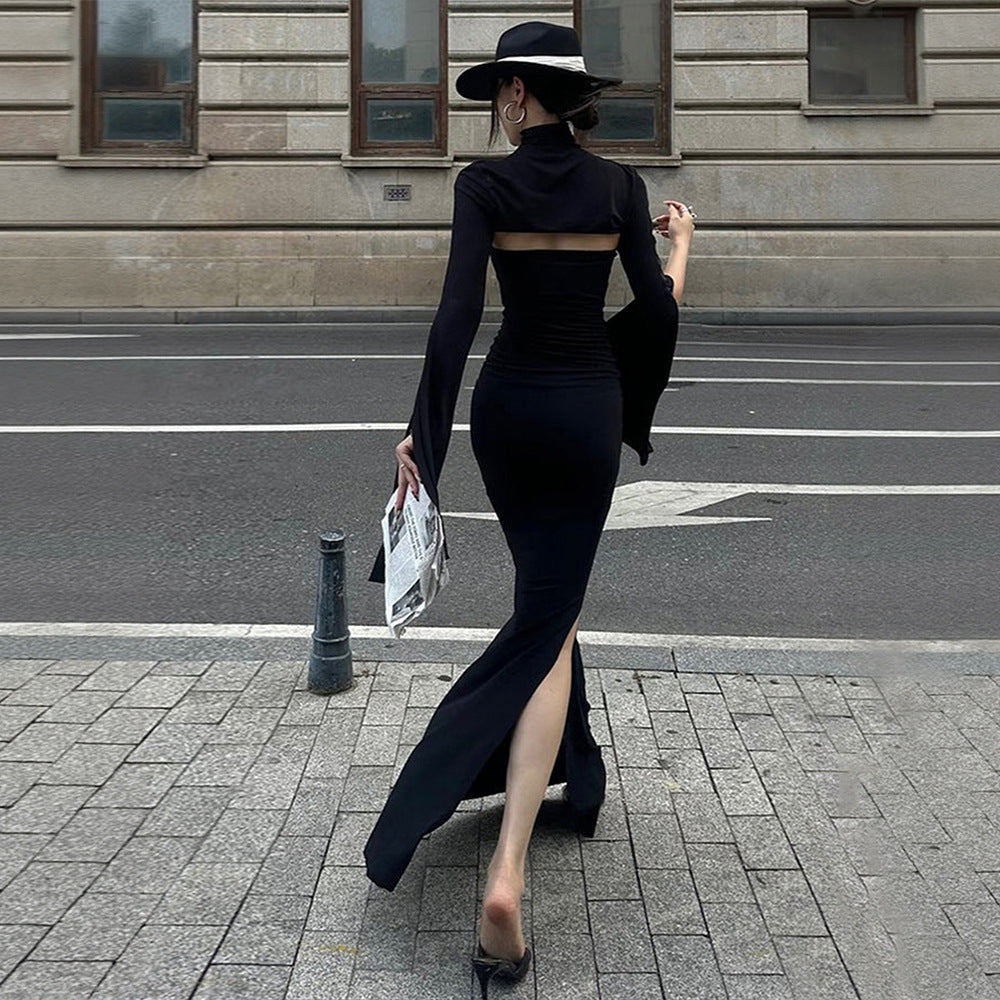 Damen Maxikleid Asymmetrischer Cut-Out Puffärmel Elegant